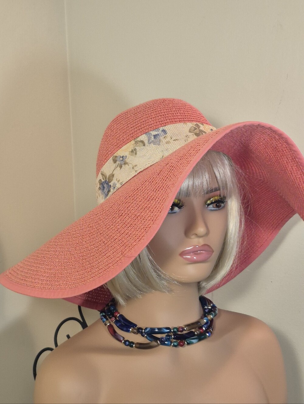 Pretty Extra Large Brim Floppy Sun Hat Straw Pink Bow Beach Travel Resort Summer